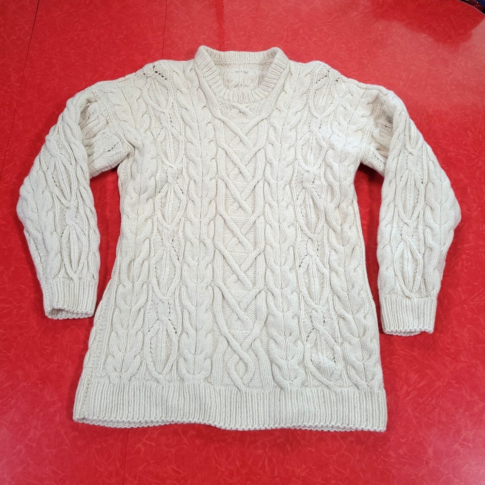 Handmade Fisherman's Cable knit Fitted Sweater L Cream Thick Wool Blend coastal